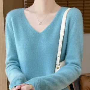 Sweater for Women 100% Merino Wool V Neck Sweater Fall Winter Basic Warm Pullovers Long Sleeve Soft Knit Jumpers Female Clothing
