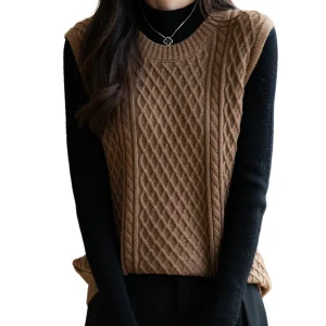 LONGMING Sweater Vest Merino Wool Blend Classic Crew Neck Cable Knit Vest Sleeveless Pullover Warm Knitted Tanks Woman's Clothes
