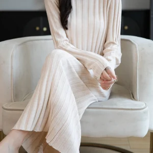 Merino Wool Blend Mock Neck Ribbed Knit chic Sweater Dress Women Clothing Fashion Knit Elegant Dresses Long Sleeve Luxury Skirts